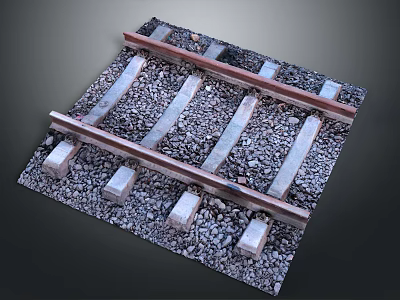 Detailed View Of Train Tracks With Wooden Sleepers And Crushed Gravel Ballast Structure 3d model