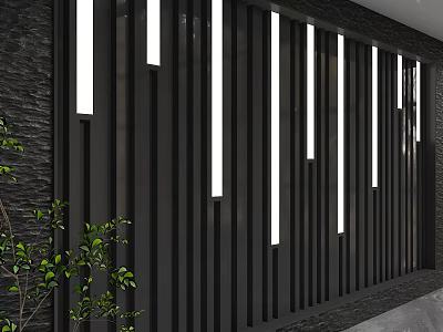 Modern Background Wall with Vertical Black Slats White LED Strips and Green Plant Decoration 3d model