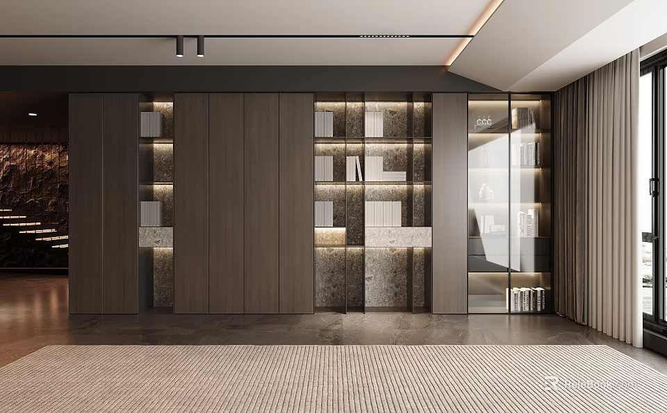 Modern Bookcase With Wooden Panels Glass Doors And Built In LED Lighting 3d model 