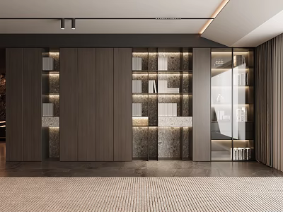 Modern Bookcase With Wooden Panels Glass Doors And Built In LED Lighting 3d model