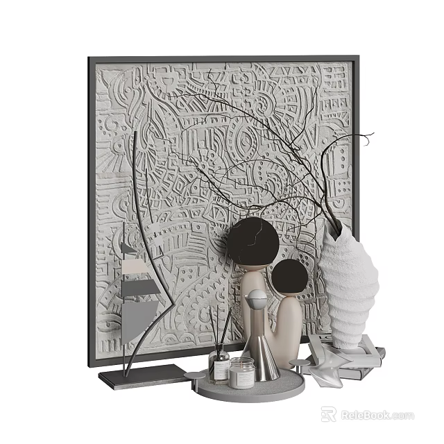 Decorative Ornament Set With Abstract Figure Ornaments Shell Shaped Vase Twig Decoration And Textured Painting 3d model 