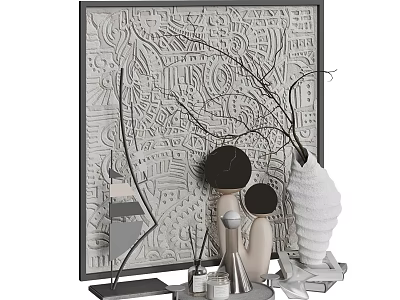 Decorative Ornament Set With Abstract Figure Ornaments Shell Shaped Vase Twig Decoration And Textured Painting 3d model
