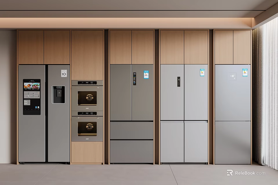 Modern Kitchen Featuring Various Built-in Refrigerators And Freezers With Cabinet Design 3d model 