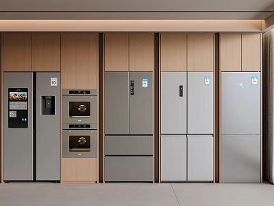 Modern Kitchen Featuring Various Built-in Refrigerators And Freezers With Cabinet Design 3d model