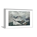White Framed Landscape Painting With Snow Capped Peaks And Cloudy Sky