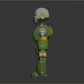Robot Character With Silver Head Blue Eyes Green Yellow Metallic Body 3D Model Standing Pose