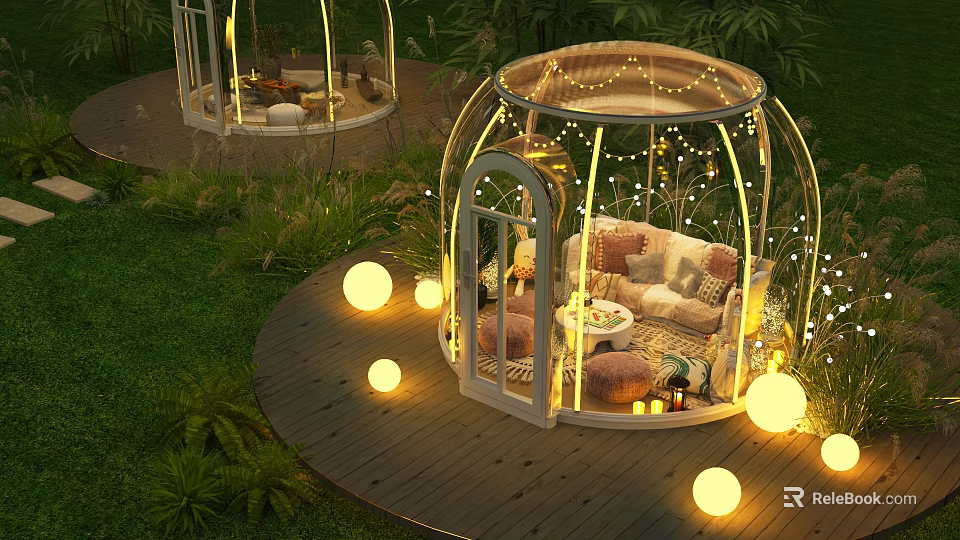 Outdoor Garden Glass Dome Structure With Sofa Pillows String Lights And Wooden Deck 3d model 