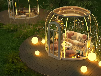 Outdoor Garden Glass Dome Structure With Sofa Pillows String Lights And Wooden Deck 3d model