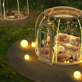 Outdoor Garden Glass Dome Structure With Sofa Pillows String Lights And Wooden Deck