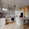 Modern Kitchen Interior With Wooden Cabinets Island Counter Pendant Lights And Bar Stools