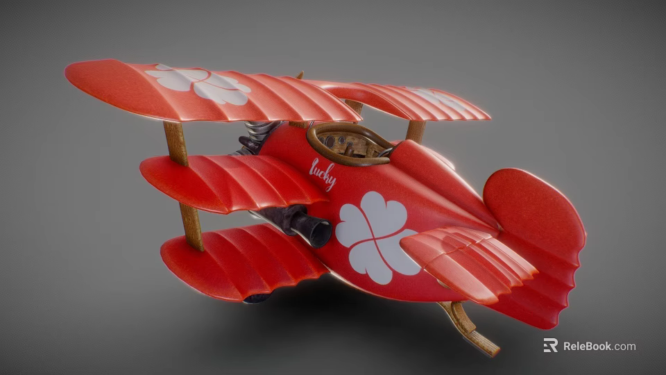 Red Biplane Model With White Clover Design And Lucky Text On Body 3d model 