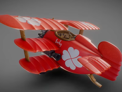 Red Biplane Model With White Clover Design And Lucky Text On Body 3d model