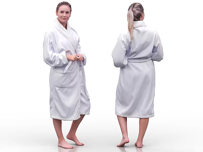Two Women Standing Wearing White Bathrobes Front and Back Views Barefoot 3d model