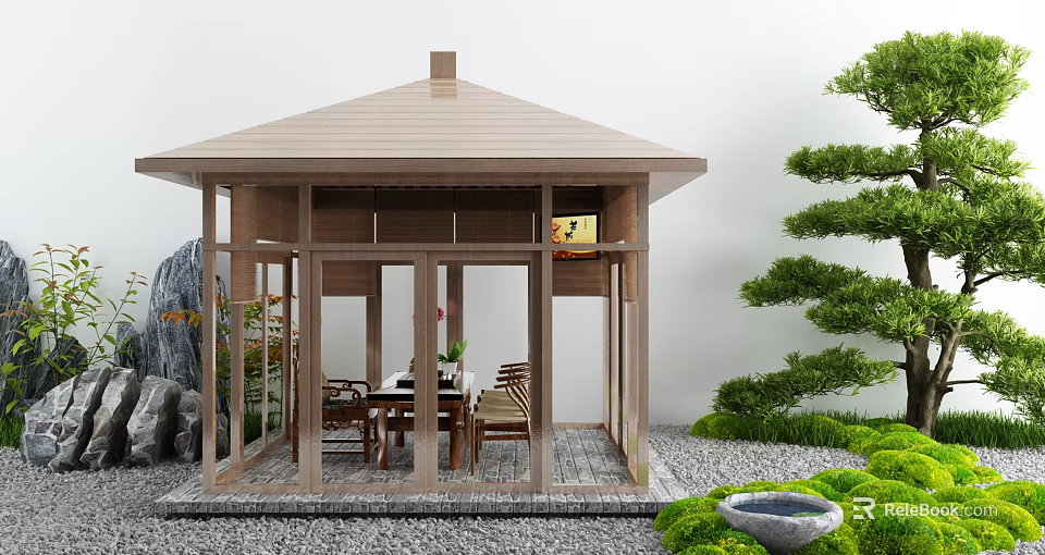 Outdoor Wooden Pavilion Featuring Brown Roof Green Plants Table Chairs And Gravel Floor 3d model 