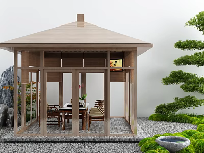 Outdoor Wooden Pavilion Featuring Brown Roof Green Plants Table Chairs And Gravel Floor 3d model