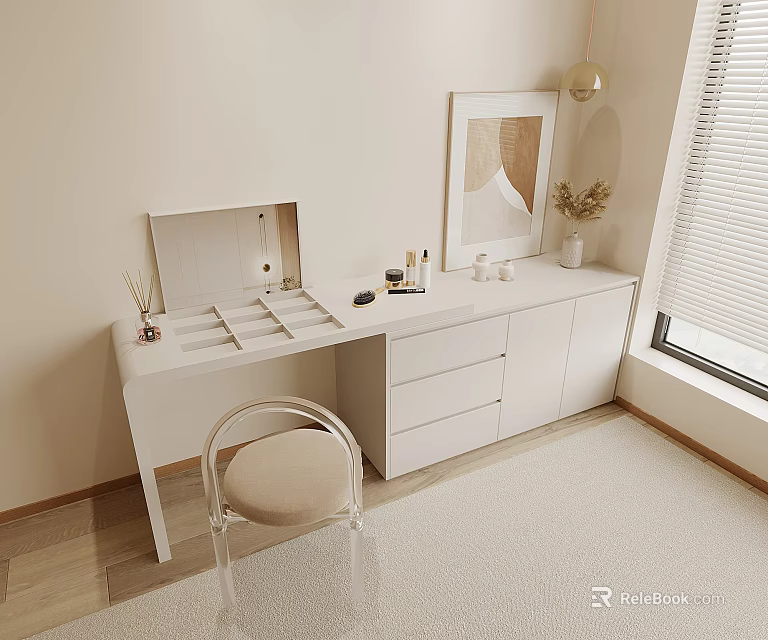 White Modern Dressing Table With Mirror Drawers Chair Cosmetics And Decor Items 3d model 