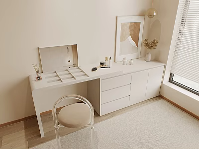 White Modern Dressing Table With Mirror Drawers Chair Cosmetics And Decor Items 3d model