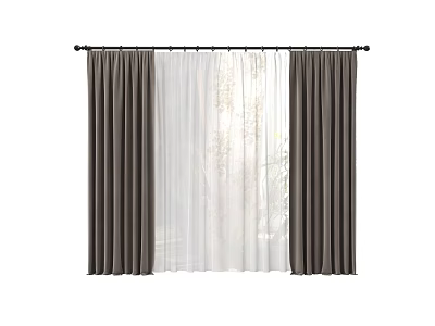 Double Layer Dark Brown Curtains With White Sheer Panels And Black Curtain Rod 3d model