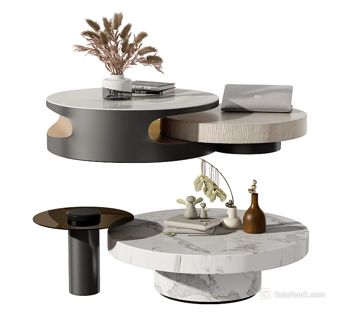 Modern Round Coffee Table Collection With Marble Tops Metal Frames And Decorative Plants 3d model