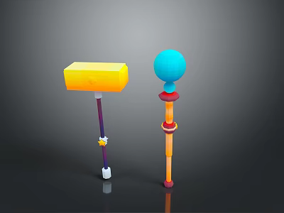 Vibrant Weapon Hammers with Yellow Square Head and Blue Ball Head in Colorful Handles Design 3d model
