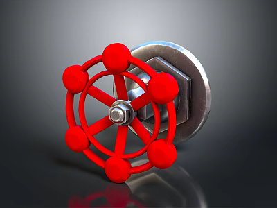 Red Metal Wheel Shaped Object With Circular Knobs And Reflective Surface 3d model