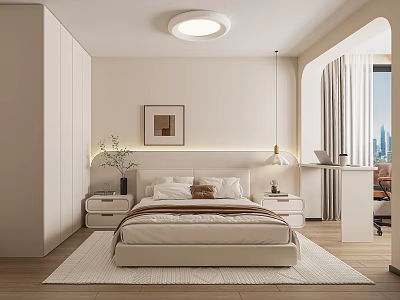 Modern Minimalist Bedroom Interior Featuring Bright Large Window Upholstered Headboard And Built in Wardrobe 3d model