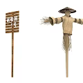 Traditional Scarecrow In Cloth Outfit With Bamboo Hat And Straw Arms Beside Wooden Sign