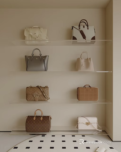 Various Styles of Designer Handbags and Suitcases on Stylish Beige Shelves 3d model 