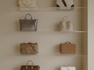 Various Styles of Designer Handbags and Suitcases on Stylish Beige Shelves 3d model