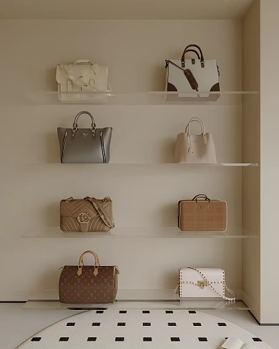 Various Styles of Designer Handbags and Suitcases on Stylish Beige Shelves 3d model