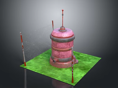 Pink Cylindrical Industrial Structure With Red Poles And Mesh Fence On Green Ground 3d model