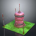 Pink Cylindrical Industrial Structure With Red Poles And Mesh Fence On Green Ground