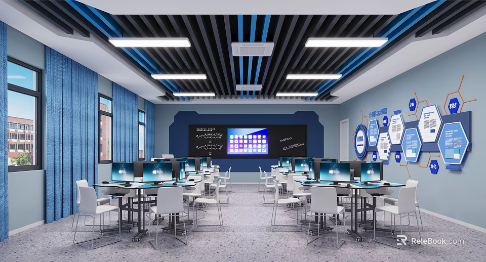 School Tech Classroom Design With Computers Smart Board Blue Walls And Desks 3d model