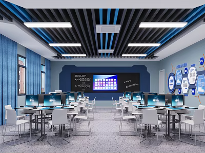 School Tech Classroom Design With Computers Smart Board Blue Walls And Desks 3d model