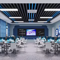 School Tech Classroom Design With Computers Smart Board Blue Walls And Desks 3d model