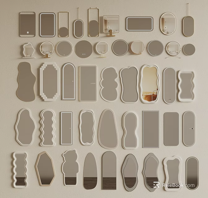 Collection of Mirrors with Various Shapes and Sizes Neatly Arranged on the Wall 3d model 