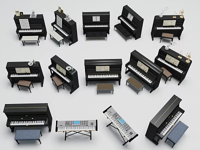 Musical Instruments Collection Featuring Various Pianos Keyboards Stools And Different Styles 3d model