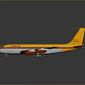 Boeing Airliner With Yellow And Red Livery And Four Engines On Gray Background