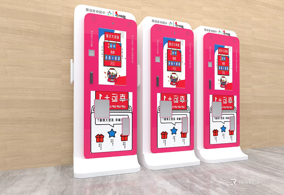 Three Pink And White Commercial Self Service Kiosks With Touch Screen For Business Use 3d model 
