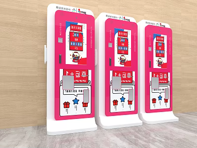 Three Pink And White Commercial Self Service Kiosks With Touch Screen For Business Use 3d model