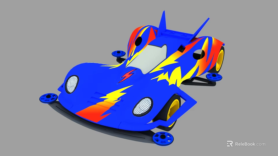 Colorful Streamlined Race Car With Blue Red Yellow Paint Headlights And Yellow Wheels 3d model 