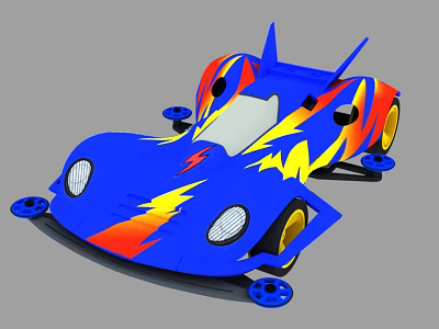 Colorful Streamlined Race Car With Blue Red Yellow Paint Headlights And Yellow Wheels 3d model