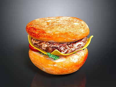 Golden Crusty Bun Hamburger With Juicy Beef Patty Cheese Lettuce And Tomato On Reflective Surface 3d model