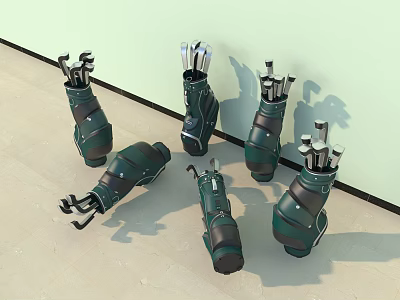 Green And Black Golf Club Bags With Clubs Leaning Against Wall On Light Floor 3d model