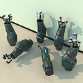 Green And Black Golf Club Bags With Clubs Leaning Against Wall On Light Floor