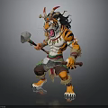 Fierce Tiger Warrior Character With Feather Headdress And Axes In Battle Stance