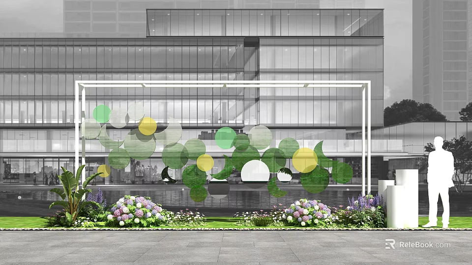 Modern Building Exterior White Frame With Colorful Circular Decorations Flower Beds And Water Feature 3d model 