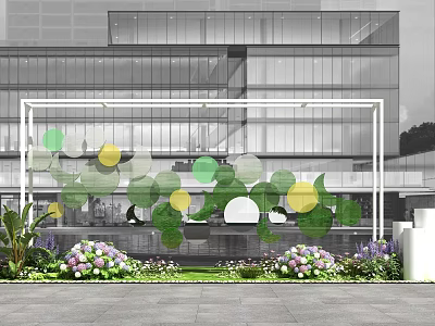 Modern Building Exterior White Frame With Colorful Circular Decorations Flower Beds And Water Feature 3d model