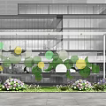 Modern Building Exterior White Frame With Colorful Circular Decorations Flower Beds And Water Feature