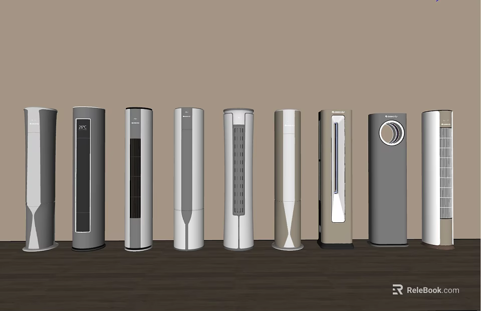 Various Modern Tower Air Cooler Fans Displayed On Wooden Table With Neutral Background 3d model 